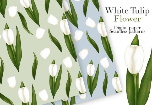 White Tulip Flower Seamless Patterns